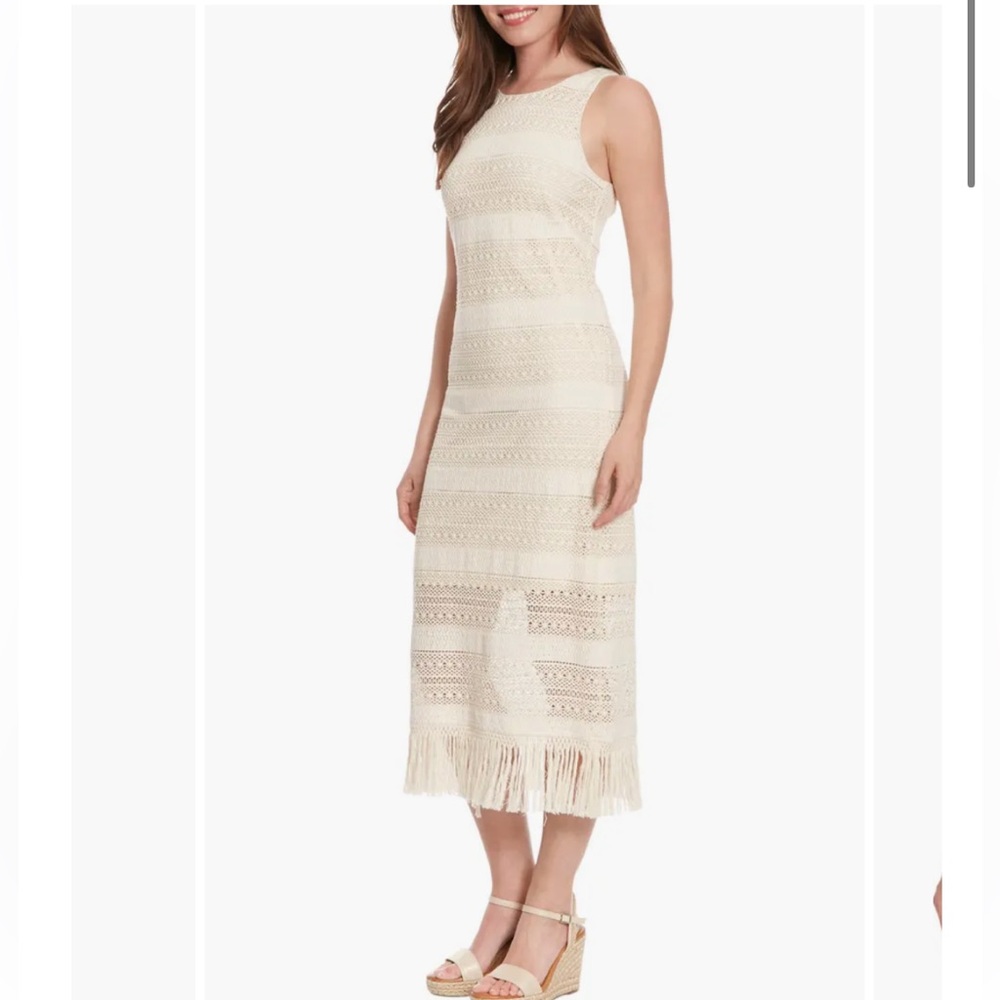 Fringe Sleeveless Crochet Midi Dress London Times Natural Color size 2